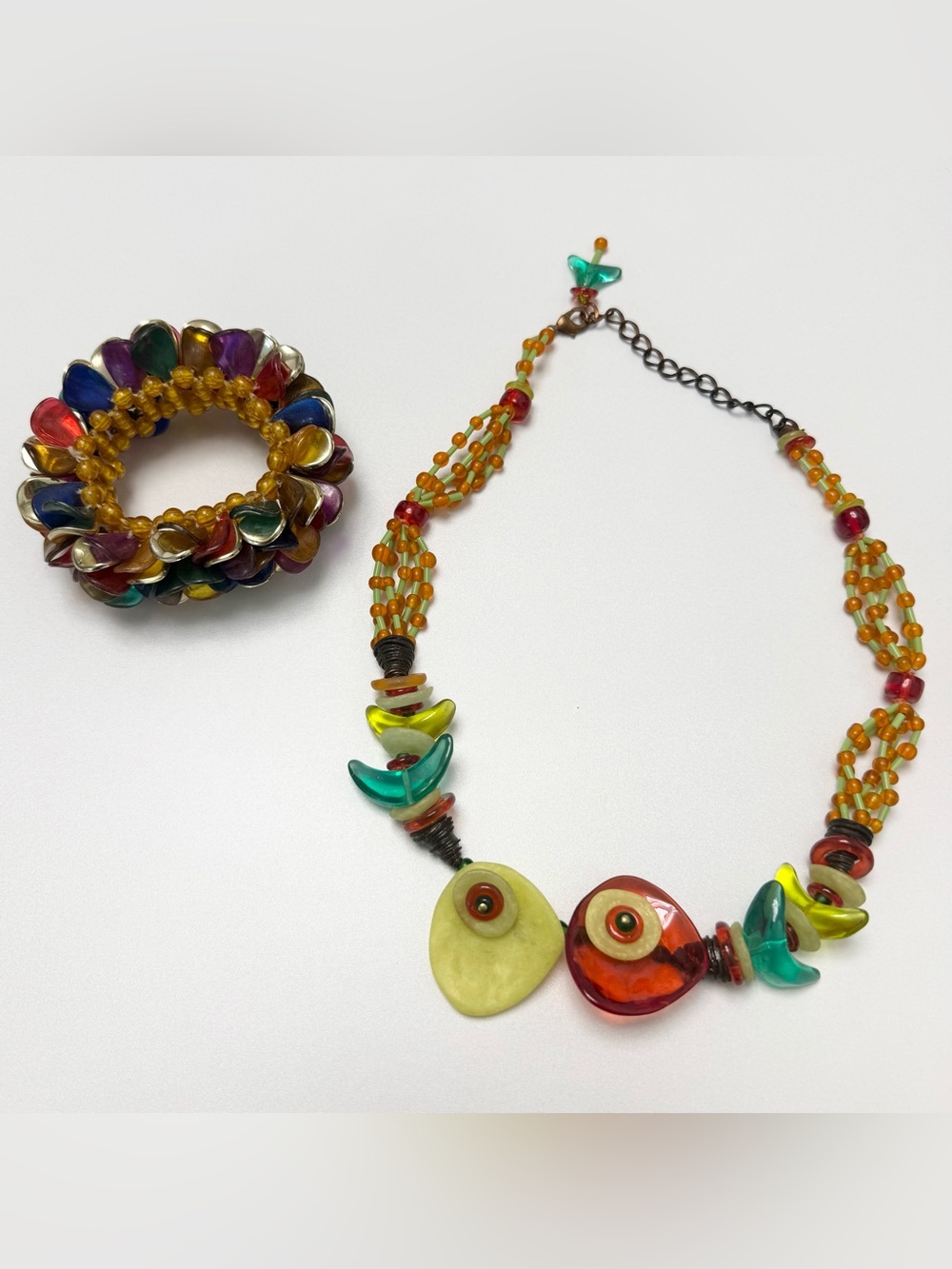 Lalo signed Vintage Multicolor Lucite Resin Plastic Bead Necklace & Bracelet